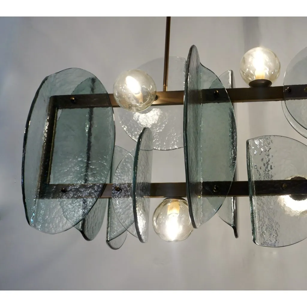 Italian Modern Fontana Arte Style Aqua Murano Glass Geometric Bronze Chandelier