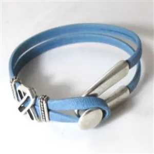 Lght Blue Awareness Leather Cord Bracelet Wishbone Design