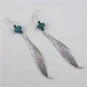 Long Bold Turquoise & Silver Leaf Drop Earrings