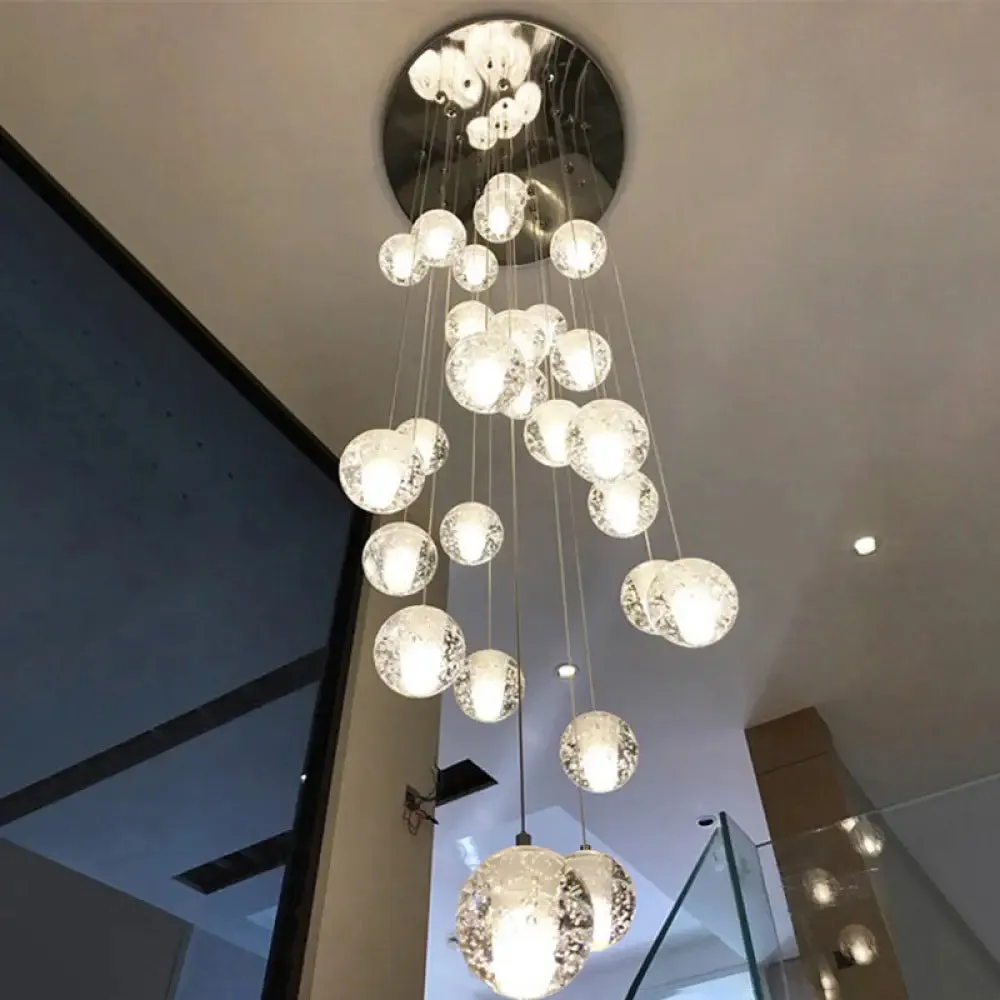 Modern Clear Seedy Crystal Chrome Ceiling Pendant Lamp for Stairs - Global Multi Suspension