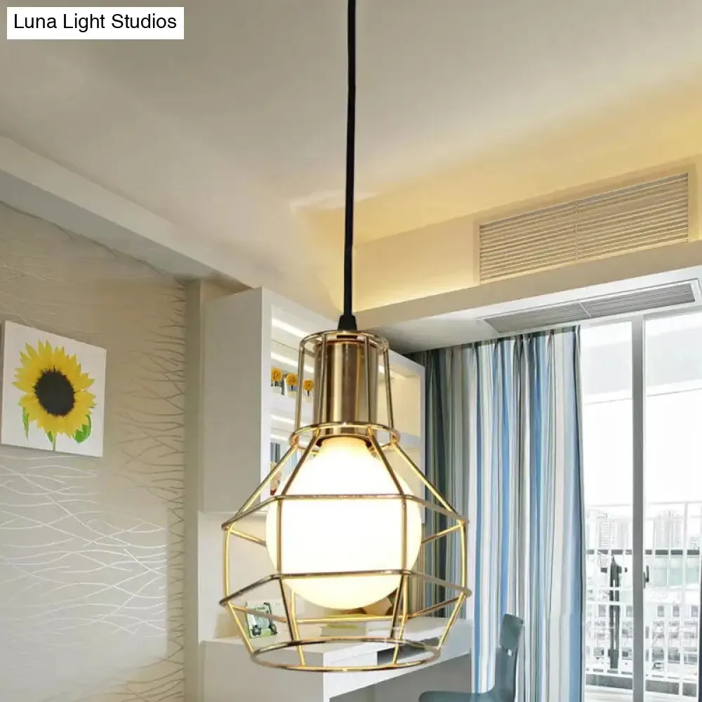 Modern Silver/Gold Metal Ceiling Fixture with Cage Shade - Stylish Loft Hanging Lamp for Coffee Shops