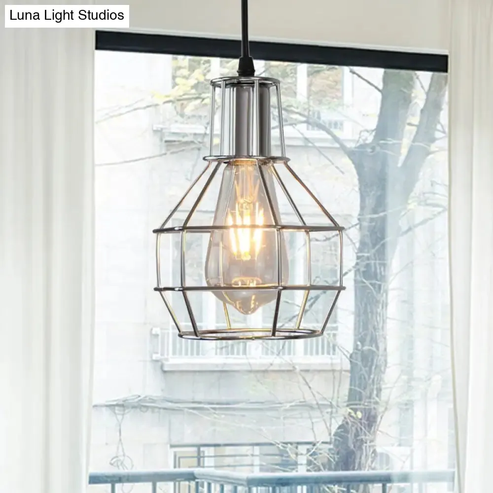 Modern Silver/Gold Metal Ceiling Fixture with Cage Shade - Stylish Loft Hanging Lamp for Coffee Shops