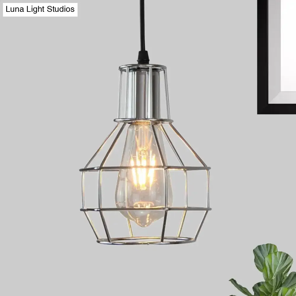 Modern Silver/Gold Metal Ceiling Fixture with Cage Shade - Stylish Loft Hanging Lamp for Coffee Shops