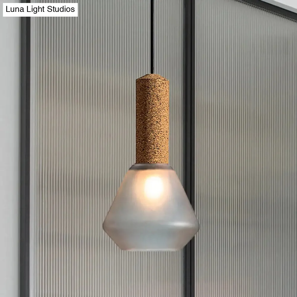 Modernist Pendant Light with Wood Diamond Design and Textured White/Smoke Gray Glass Shade