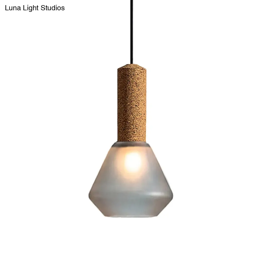 Modernist Pendant Light with Wood Diamond Design and Textured White/Smoke Gray Glass Shade