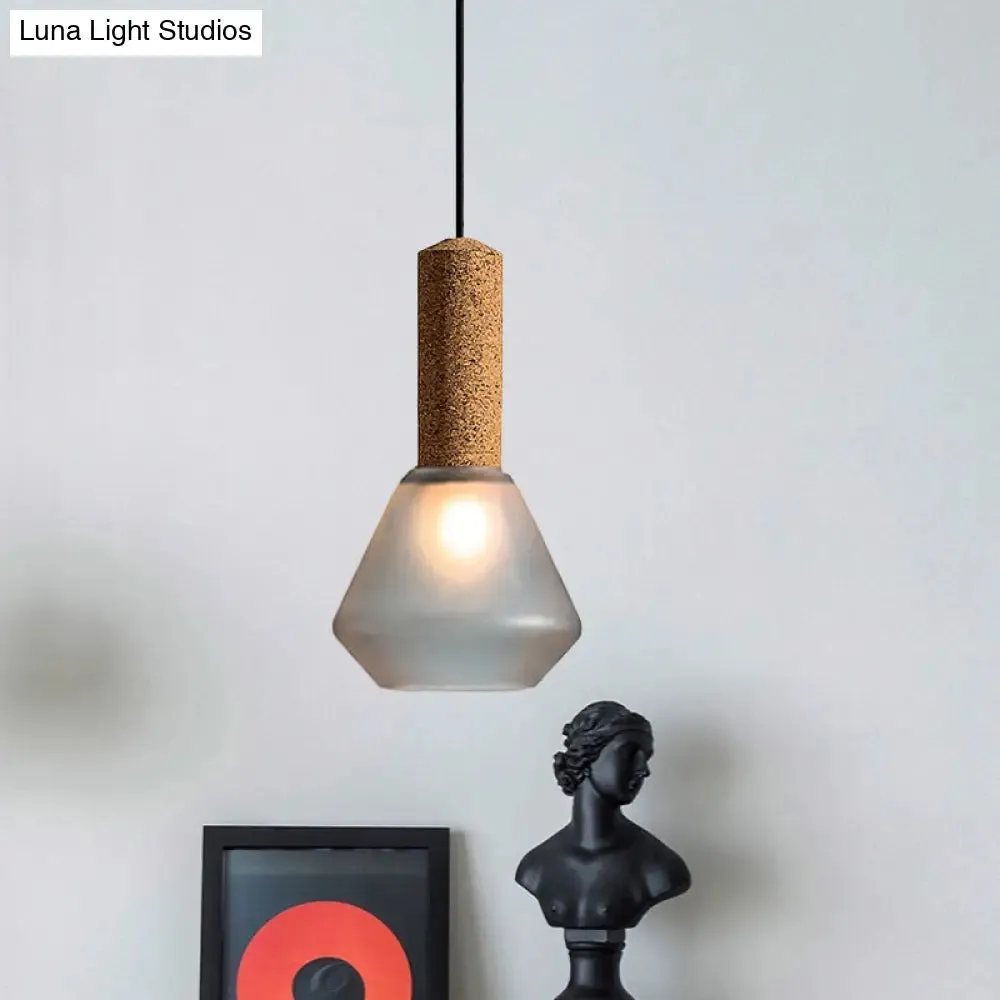 Modernist Pendant Light with Wood Diamond Design and Textured White/Smoke Gray Glass Shade