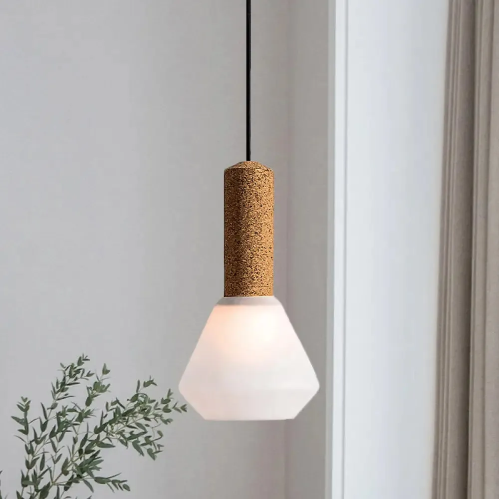 Modernist Pendant Light with Wood Diamond Design and Textured White/Smoke Gray Glass Shade