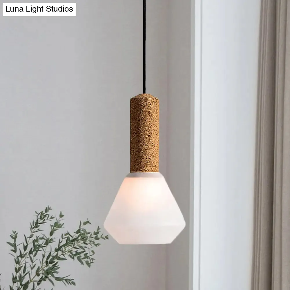 Modernist Pendant Light with Wood Diamond Design and Textured White/Smoke Gray Glass Shade