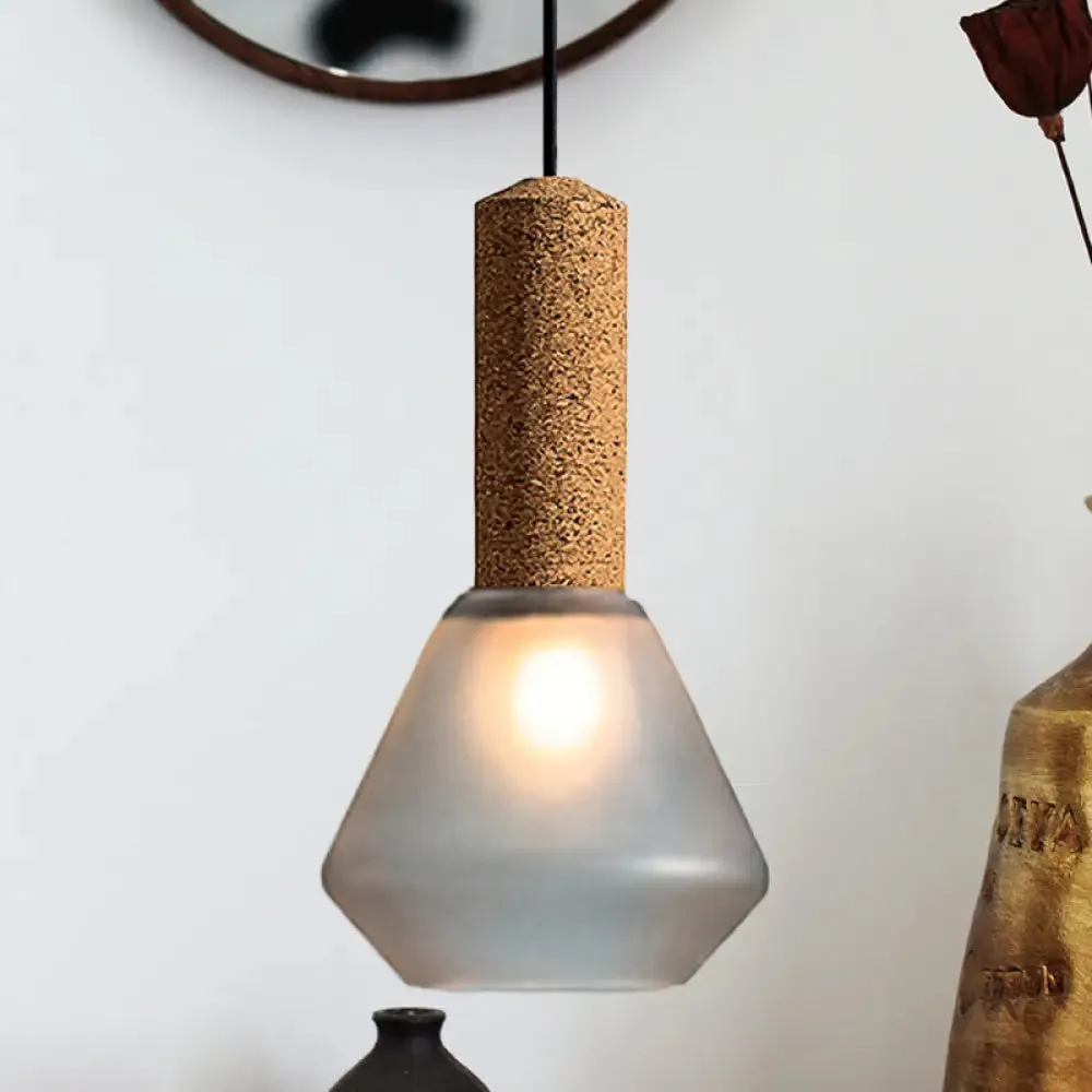 Modernist Pendant Light with Wood Diamond Design and Textured White/Smoke Gray Glass Shade