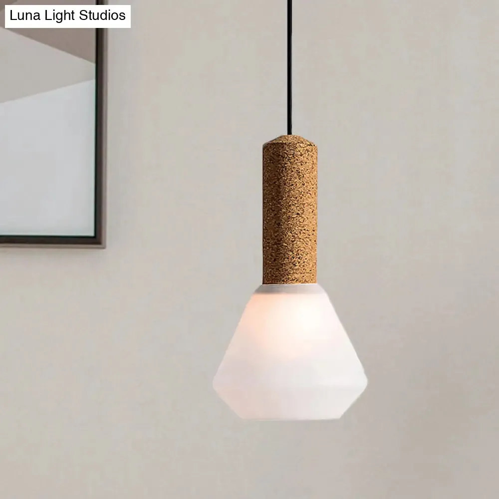 Modernist Pendant Light with Wood Diamond Design and Textured White/Smoke Gray Glass Shade