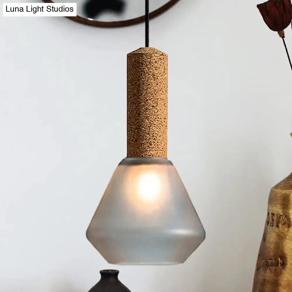 Modernist Pendant Light with Wood Diamond Design and Textured White/Smoke Gray Glass Shade