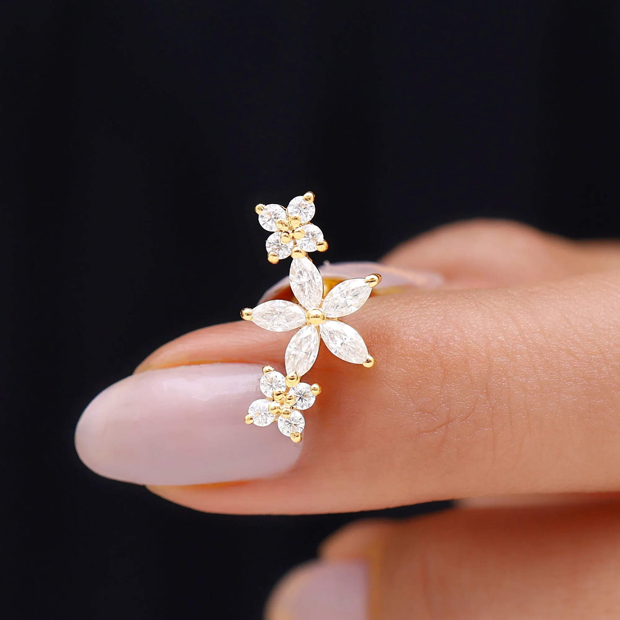 Natural Diamond Flower Ear Crawler Earring