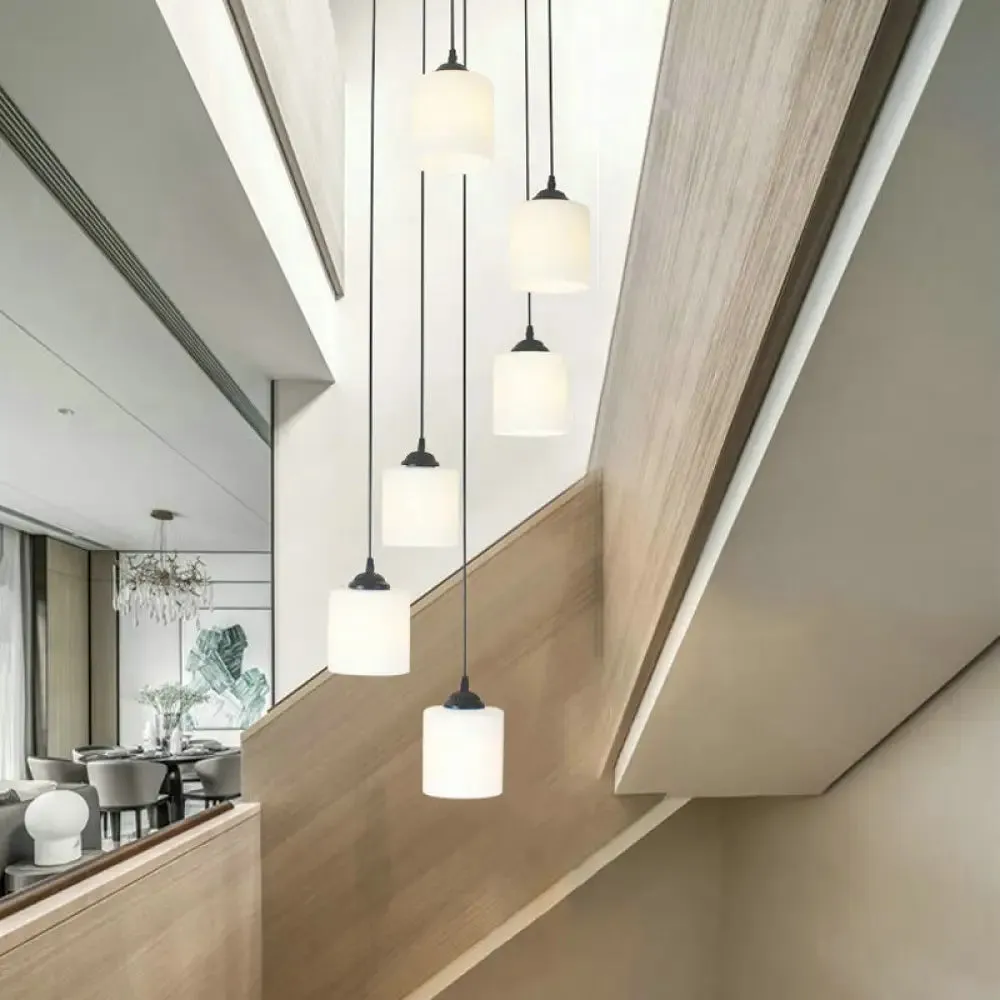 Opal Glass Modern Cylinder Pendant Light with Black Canopy for Stairs