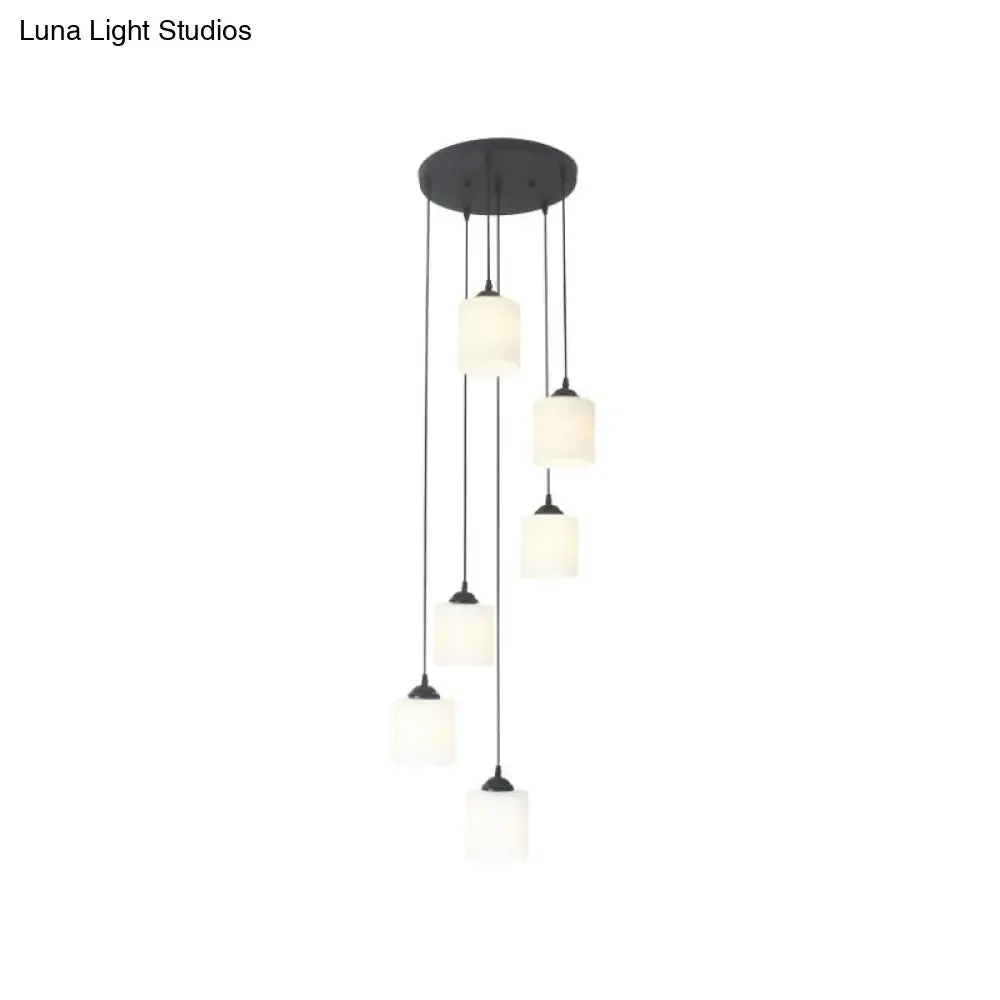 Opal Glass Modern Cylinder Pendant Light with Black Canopy for Stairs