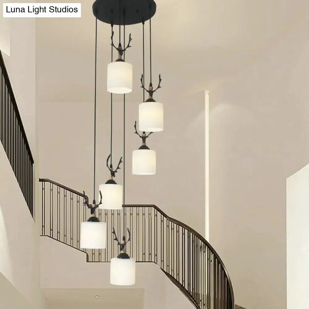 Opal Glass Modern Cylinder Pendant Light with Black Canopy for Stairs