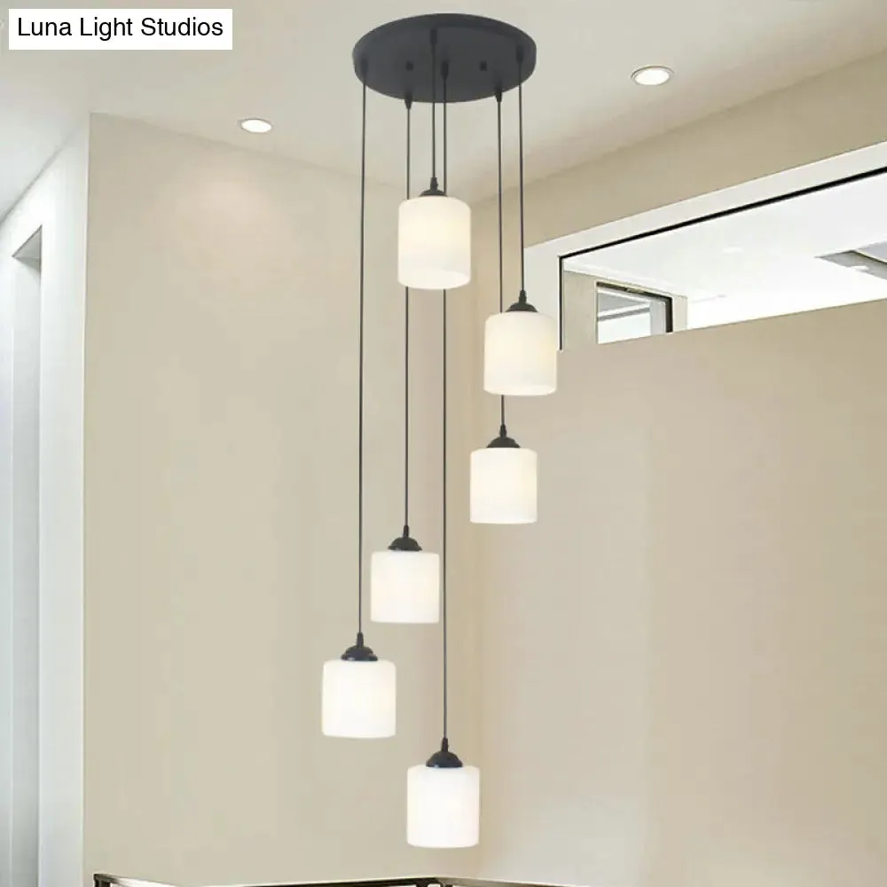 Opal Glass Modern Cylinder Pendant Light with Black Canopy for Stairs