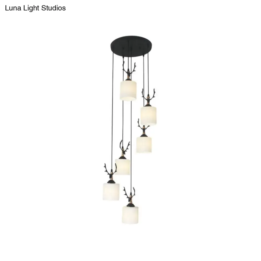 Opal Glass Modern Cylinder Pendant Light with Black Canopy for Stairs