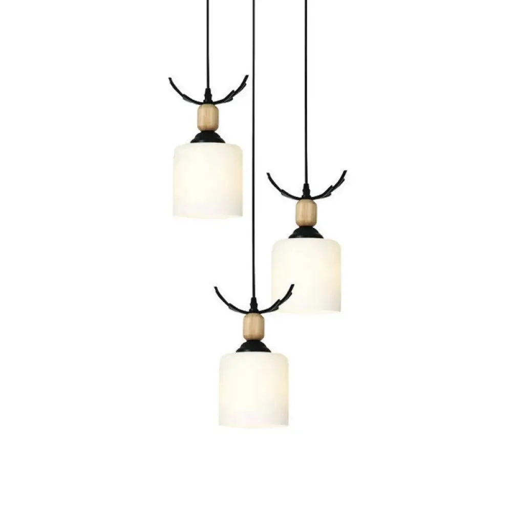 Opal Glass Modern Cylinder Pendant Light with Black Canopy for Stairs