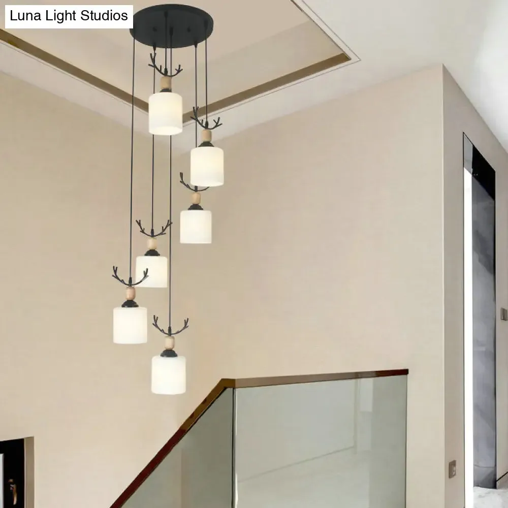 Opal Glass Modern Cylinder Pendant Light with Black Canopy for Stairs