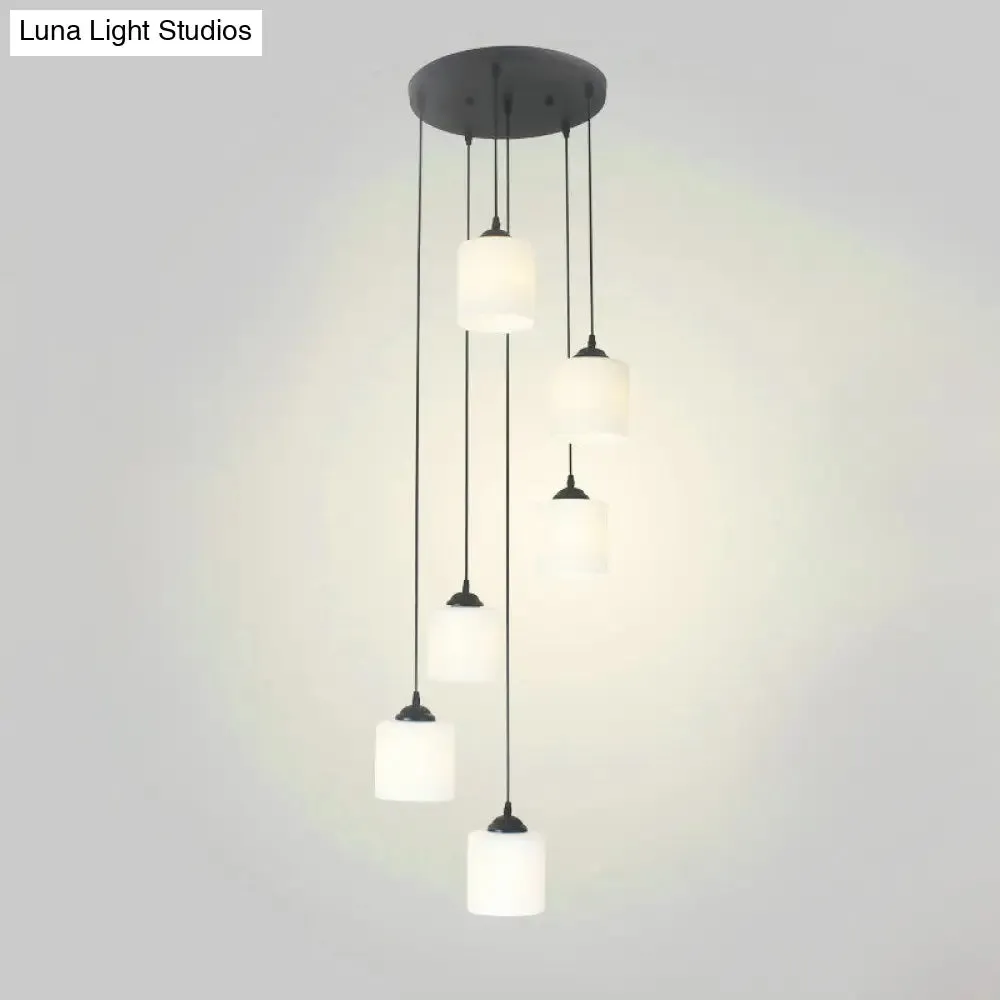 Opal Glass Modern Cylinder Pendant Light with Black Canopy for Stairs