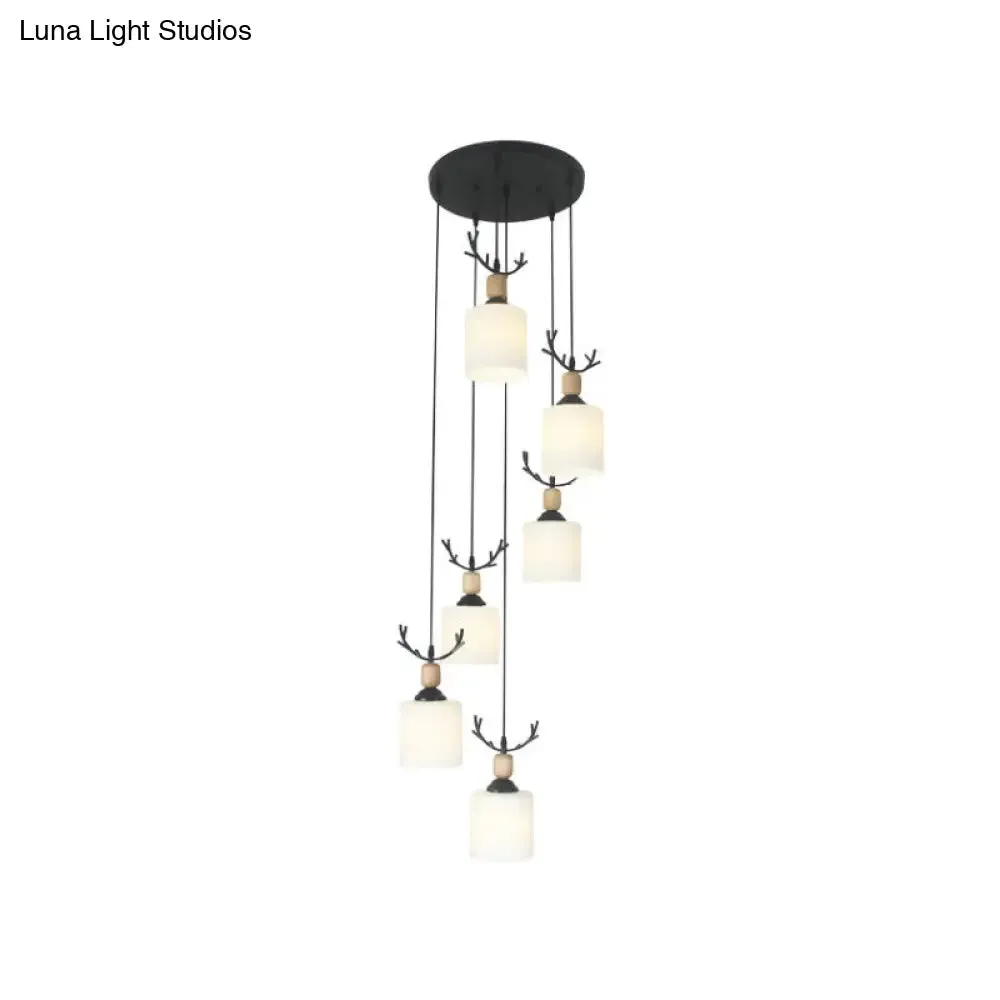 Opal Glass Modern Cylinder Pendant Light with Black Canopy for Stairs