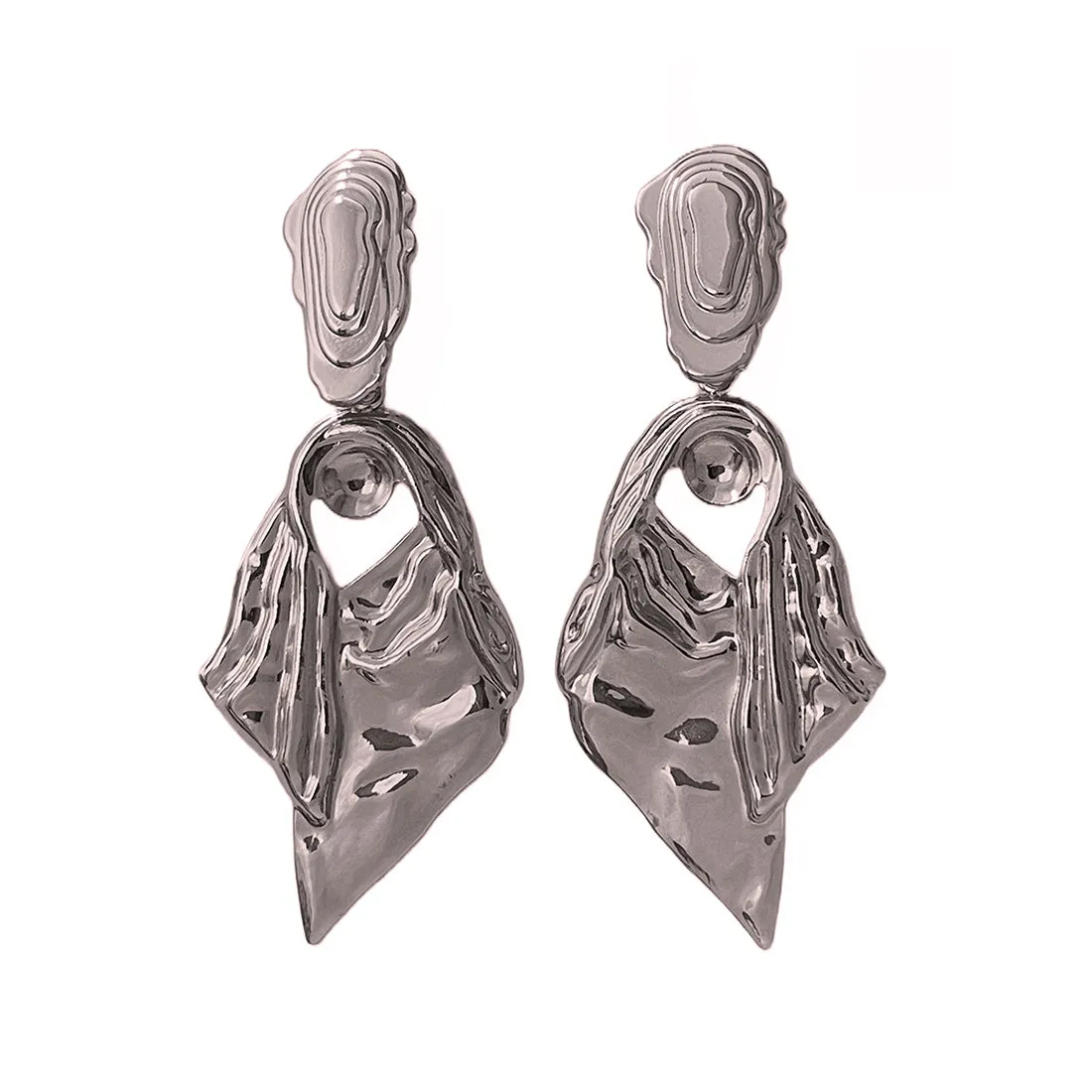 Oversized Hammered Silver-Toned Leaf Drop Earrings