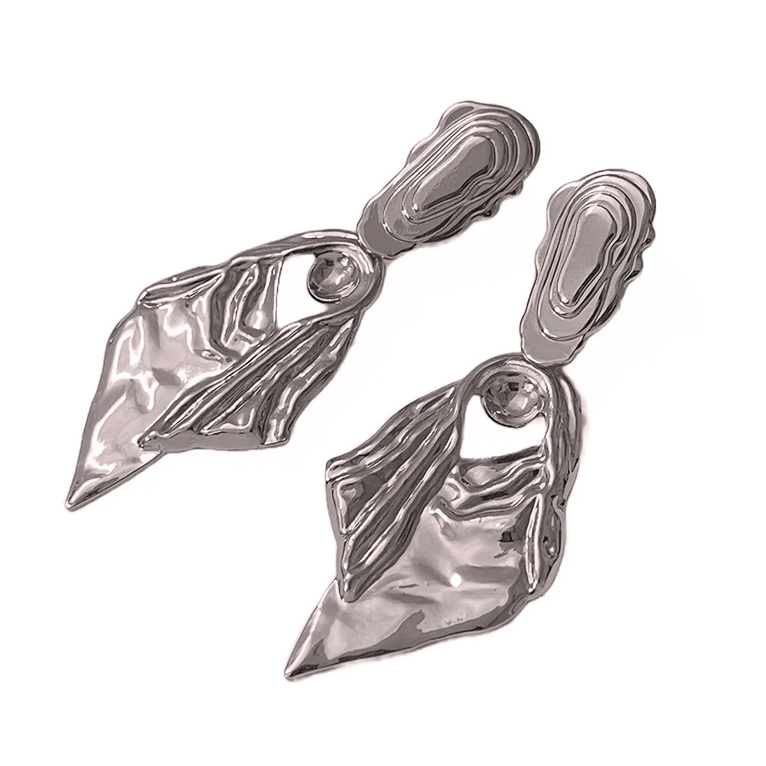 Oversized Hammered Silver-Toned Leaf Drop Earrings