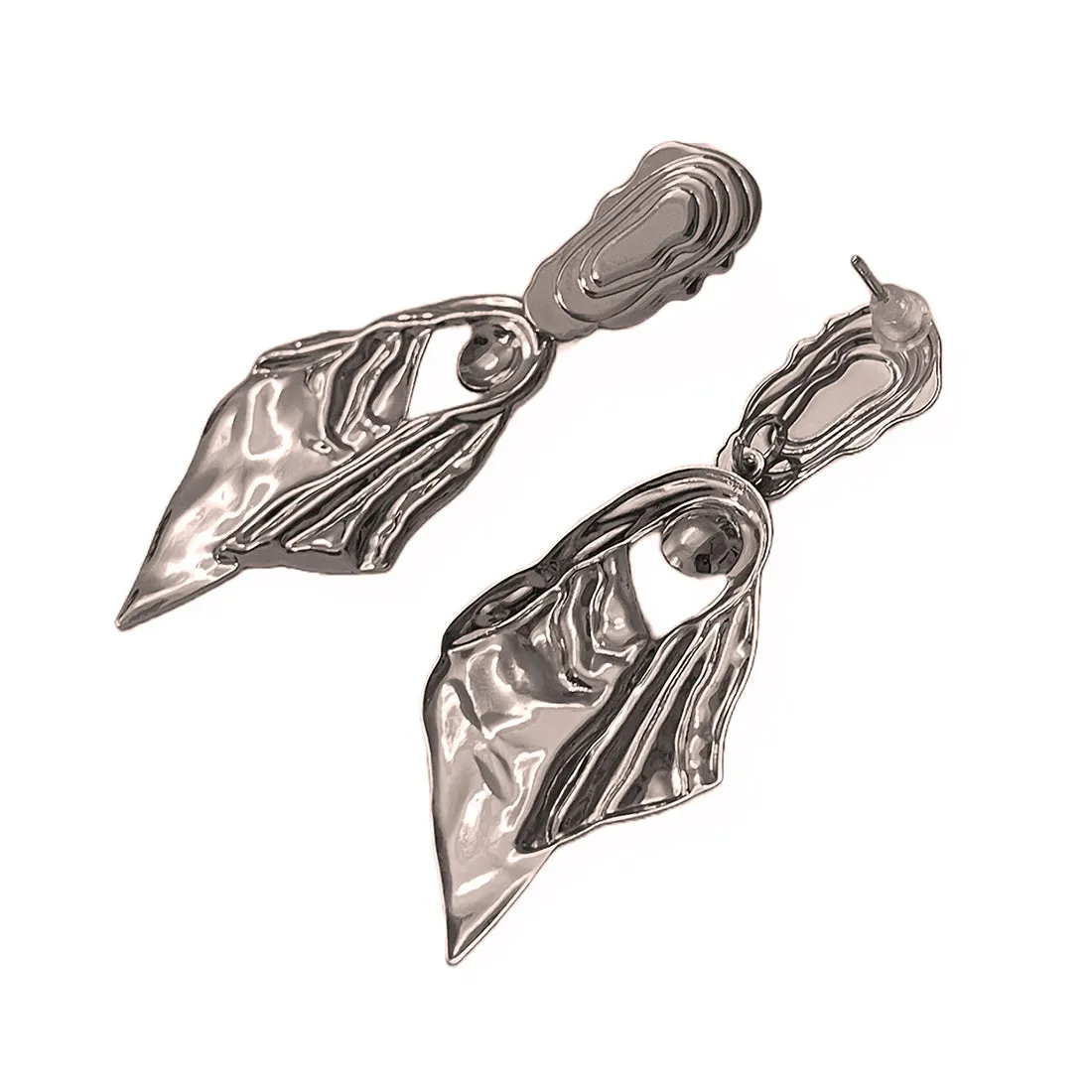 Oversized Hammered Silver-Toned Leaf Drop Earrings