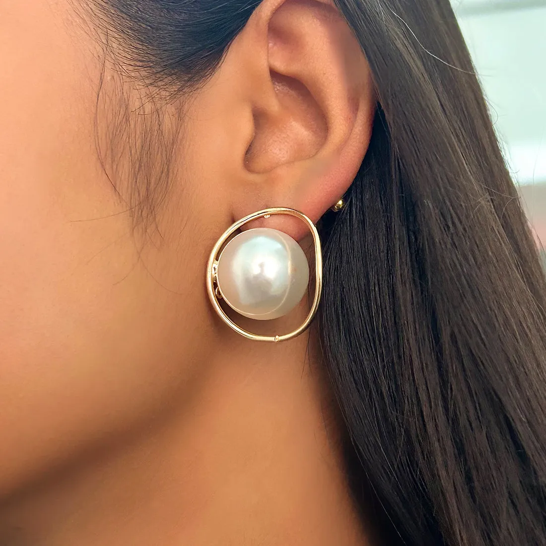 Oversized Pearl Ball Gold-Toned Organic Circular Stud Earrings