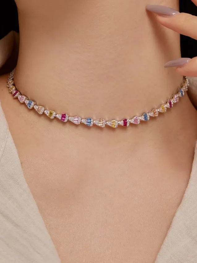 Pear Colorful Tennis Necklace Choker, Multicolor Zircon Waterdrop Luxury Statement Choker