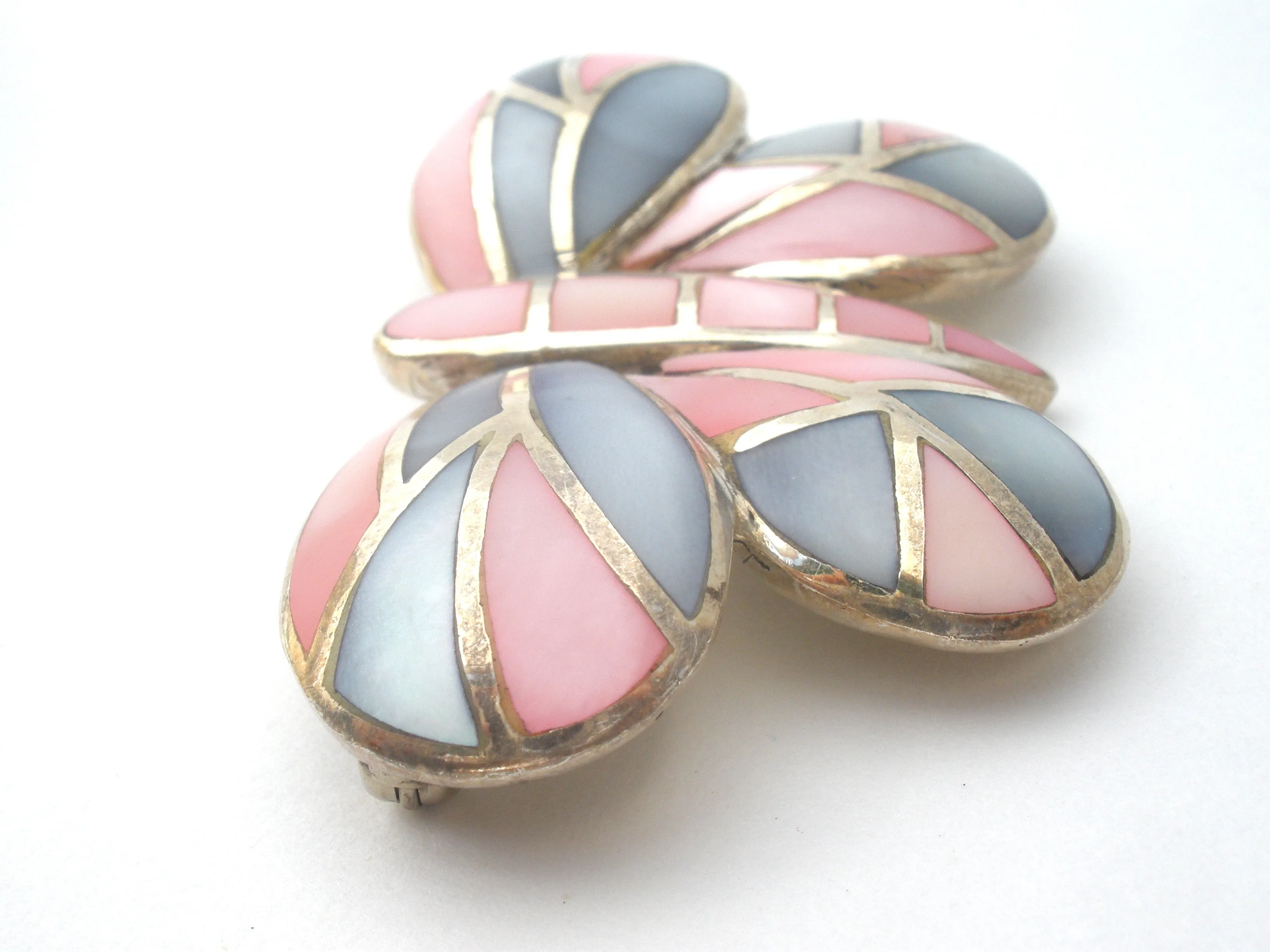 Pink & Blue Mother Of Pearl Butterfly Brooch Sterling Silver