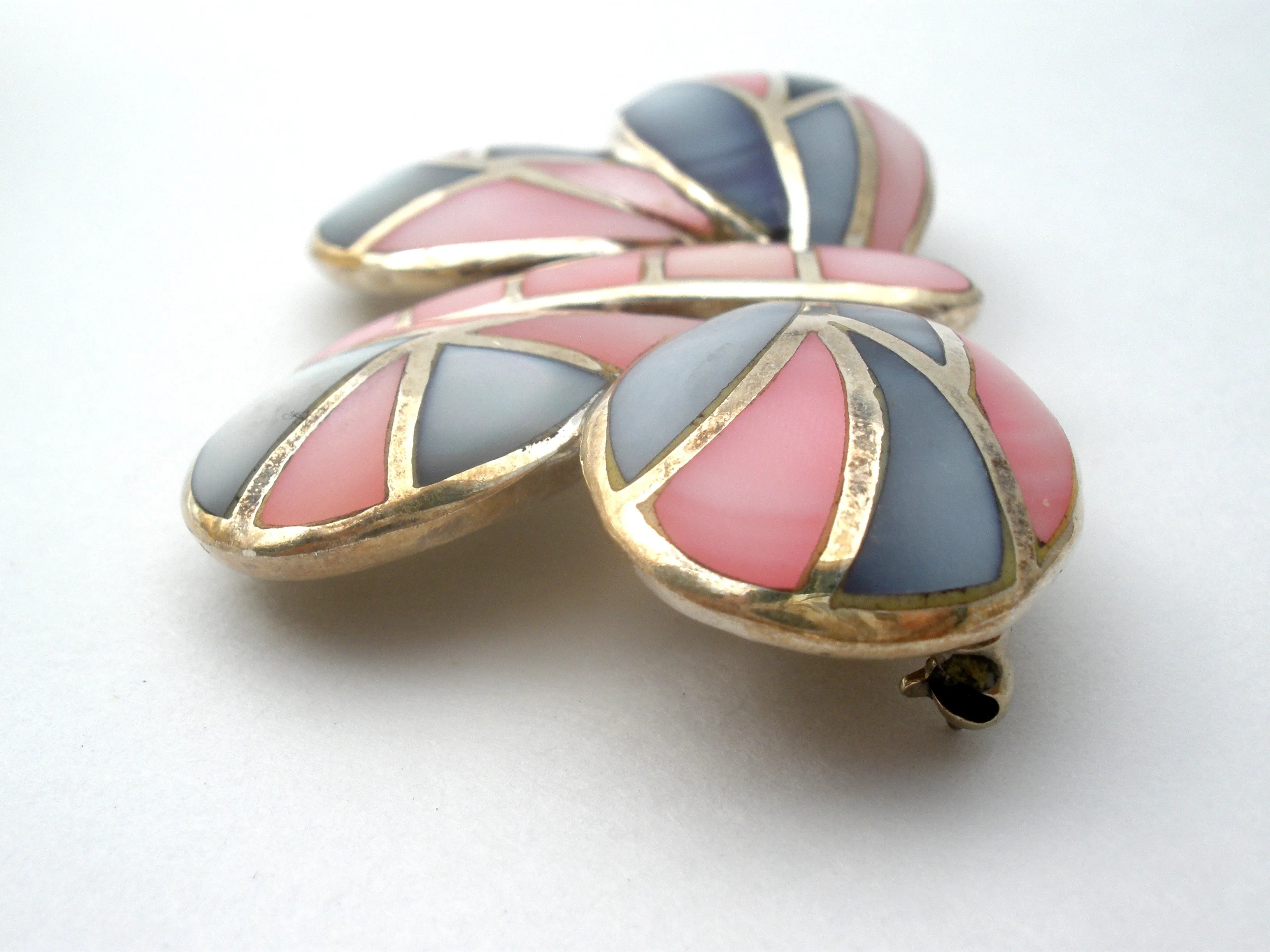 Pink & Blue Mother Of Pearl Butterfly Brooch Sterling Silver