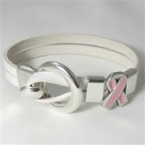 Pink Awareness Ribbon Flat White Leather Bracelet