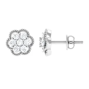 Real Diamond Flower Stud Earrings with Beaded