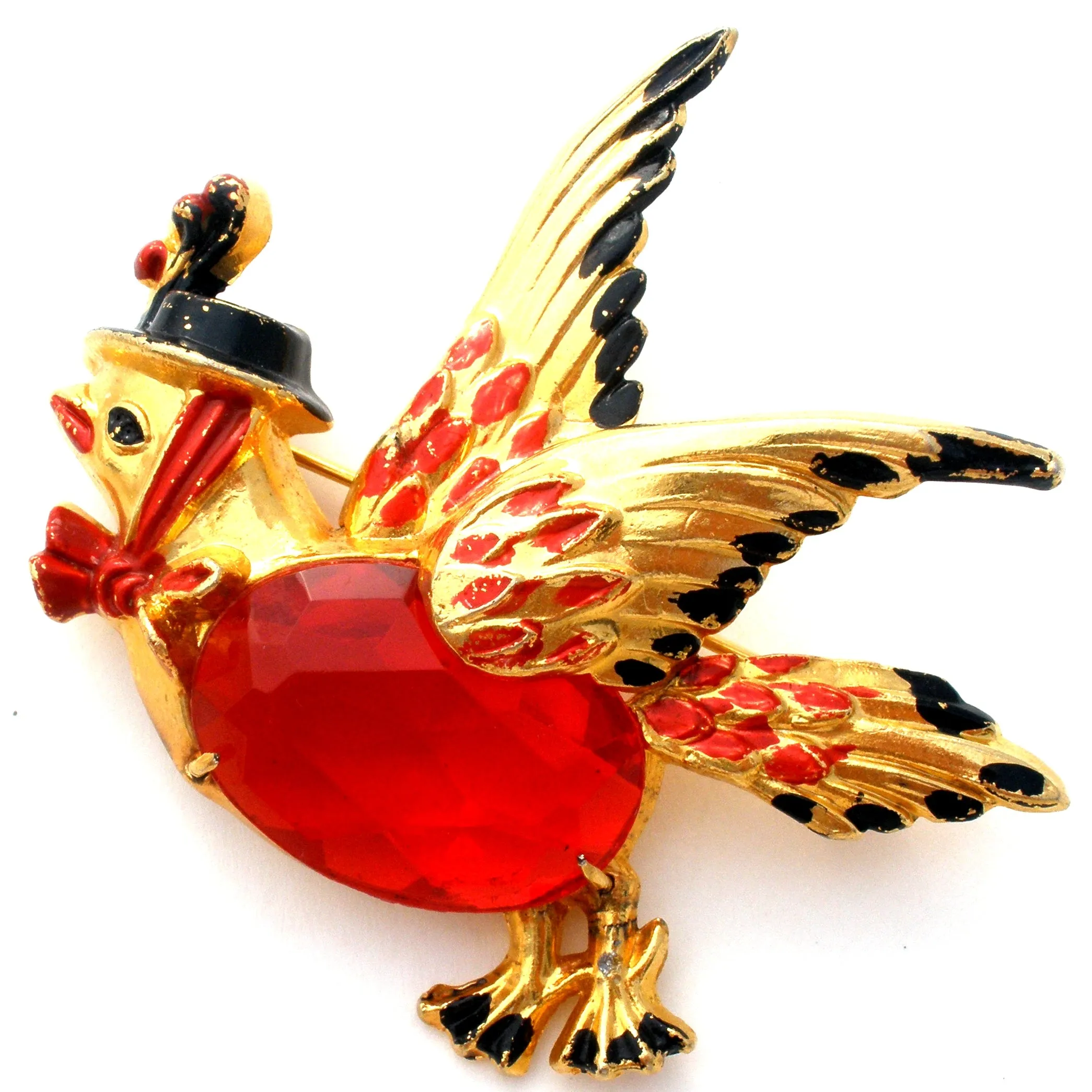 Red Jelly Belly Bird With Hat Brooch Pin Vintage