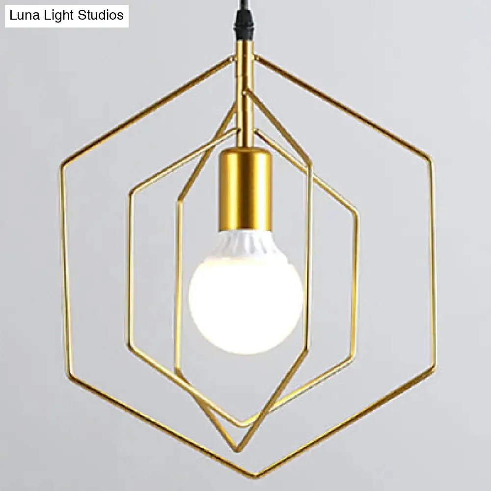 Retro Loft 3-Light Gold Hanging Pendant Light with Hexagon Metal Frame