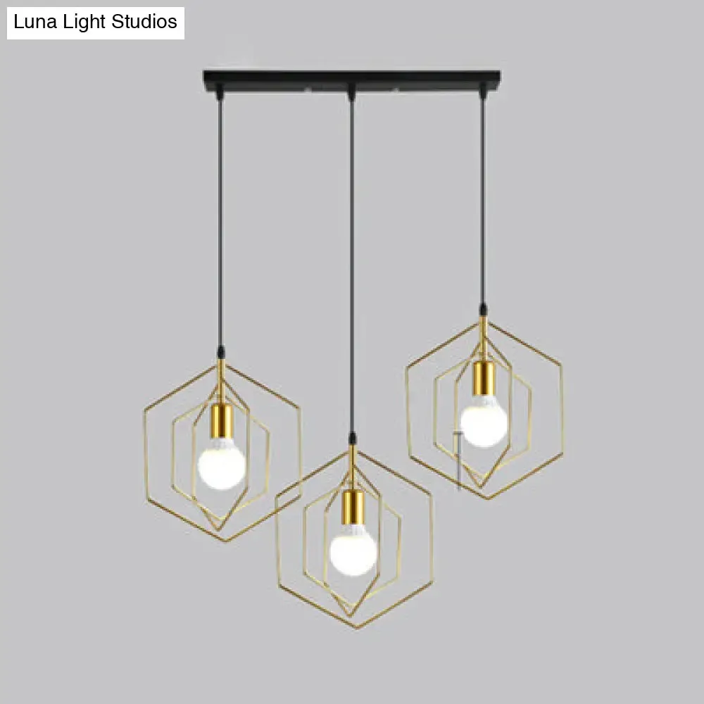 Retro Loft 3-Light Gold Hanging Pendant Light with Hexagon Metal Frame