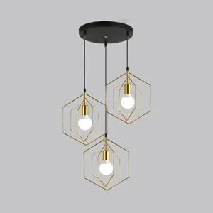 Retro Loft 3-Light Gold Hanging Pendant Light with Hexagon Metal Frame