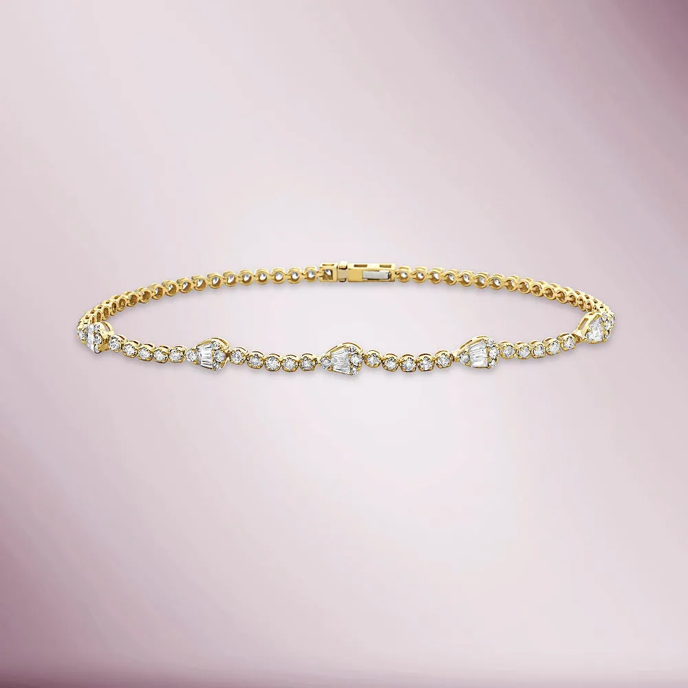 Round & Baguette Diamonds Pear Shape Tennis Bracelet (1.50 ct.) Buttercup Setting in 14K Gold