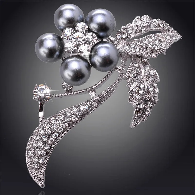 Silver Black Pearl Flower 18K Silver Plated Austrian Crystal Brooches&Pin For Women Fashion Jewelry