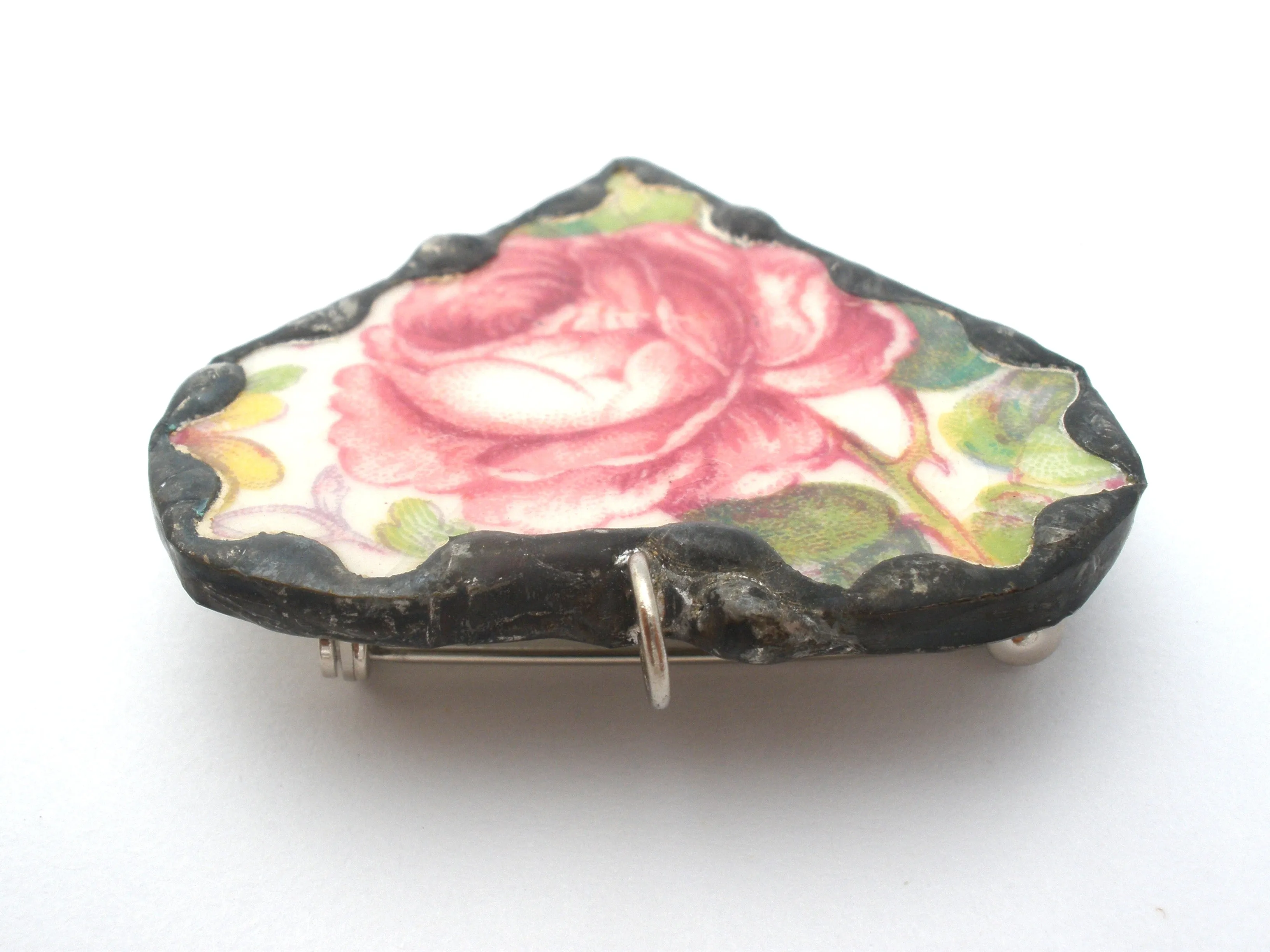 Staffordshire Rose Broken China Porcelain Pendant Brooch