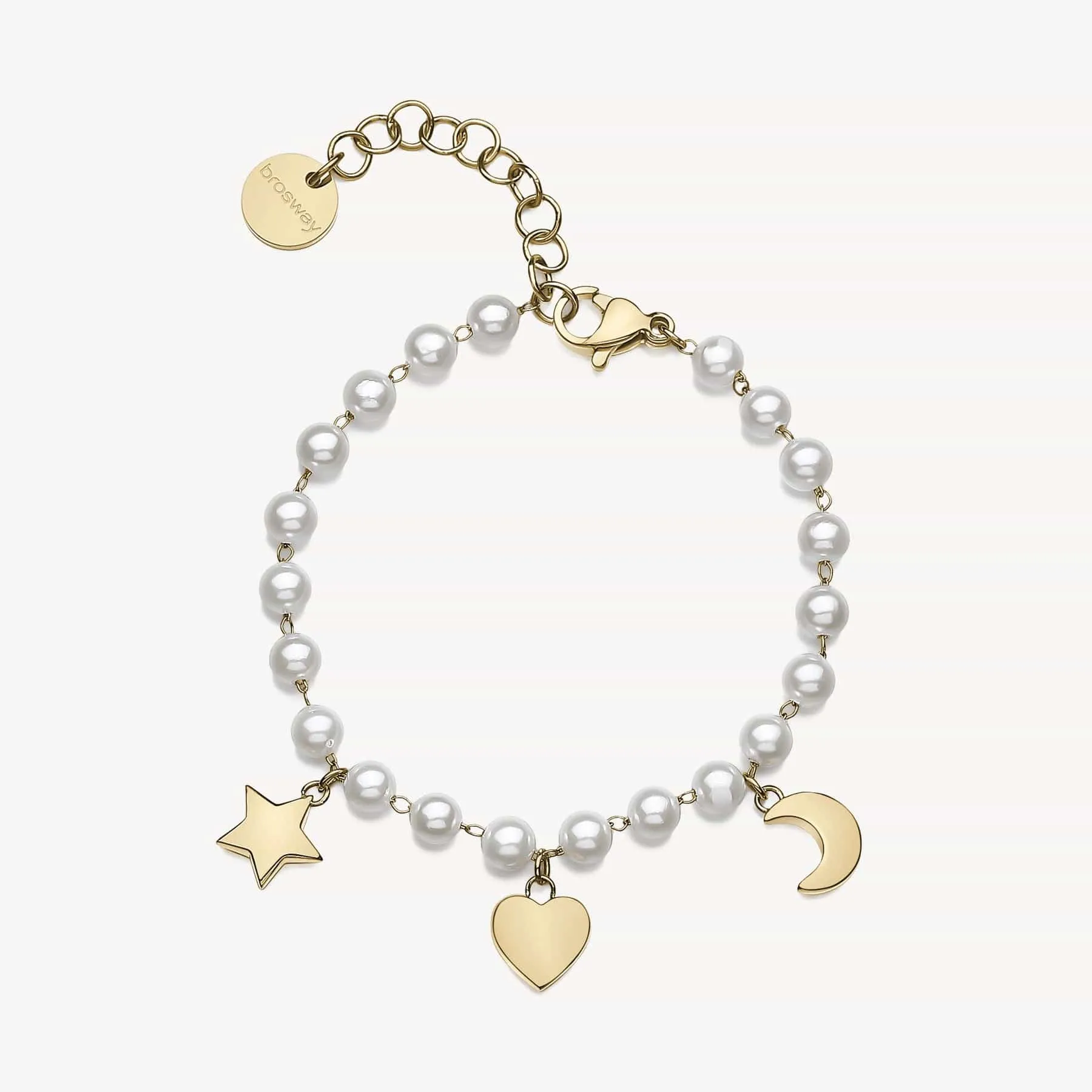 Stainless Steel Gold Tone Bracelet with Crystal Pearls with Moon, Heart, and Star Charms