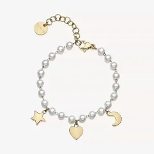 Stainless Steel Gold Tone Bracelet with Crystal Pearls with Moon, Heart, and Star Charms