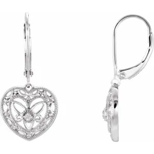 Sterling Silver .02 CTW Diamond Lever Back Filigree Heart Earrings