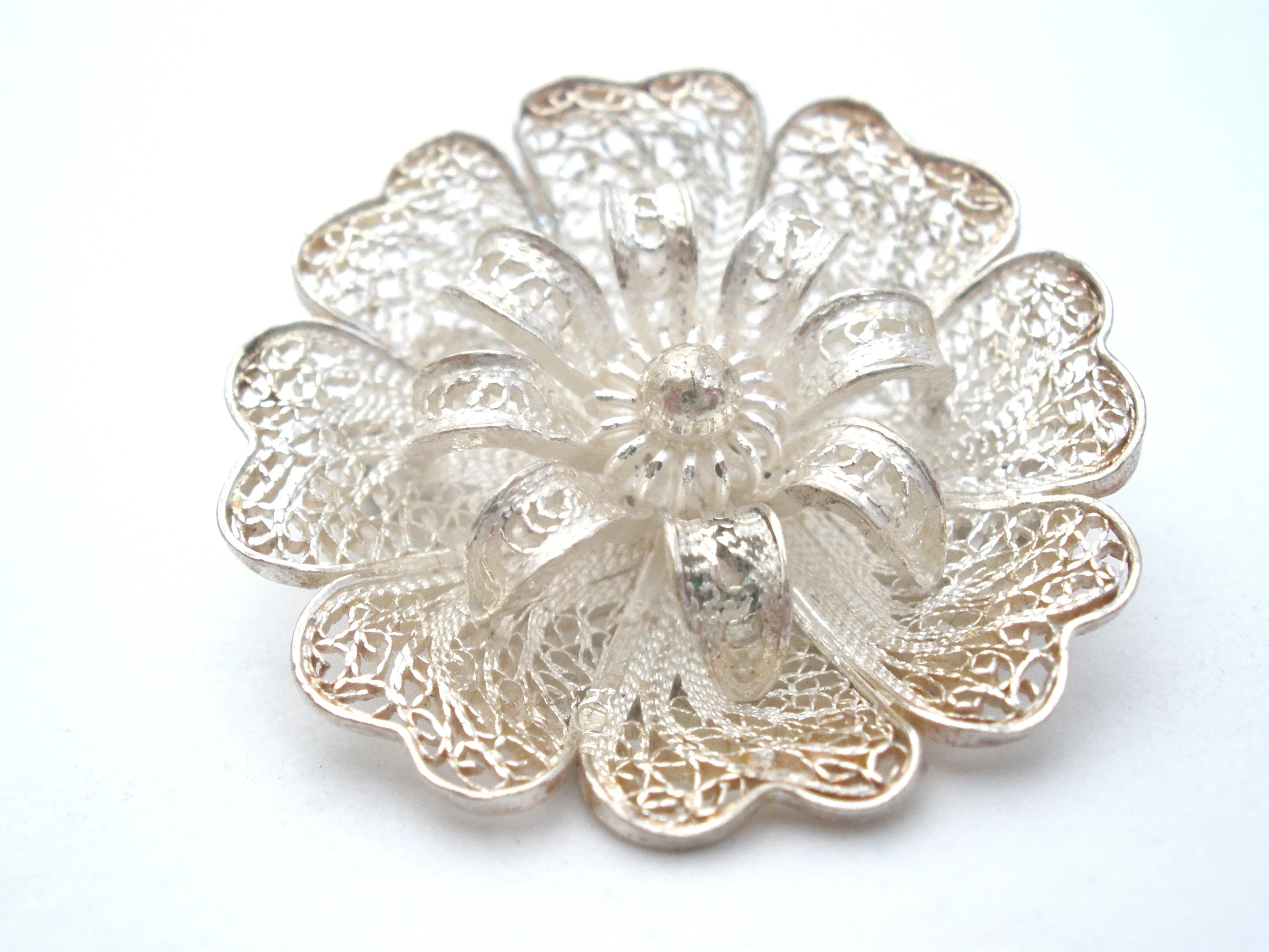 Sterling Silver Cannetille Flower Brooch Pin Vintage