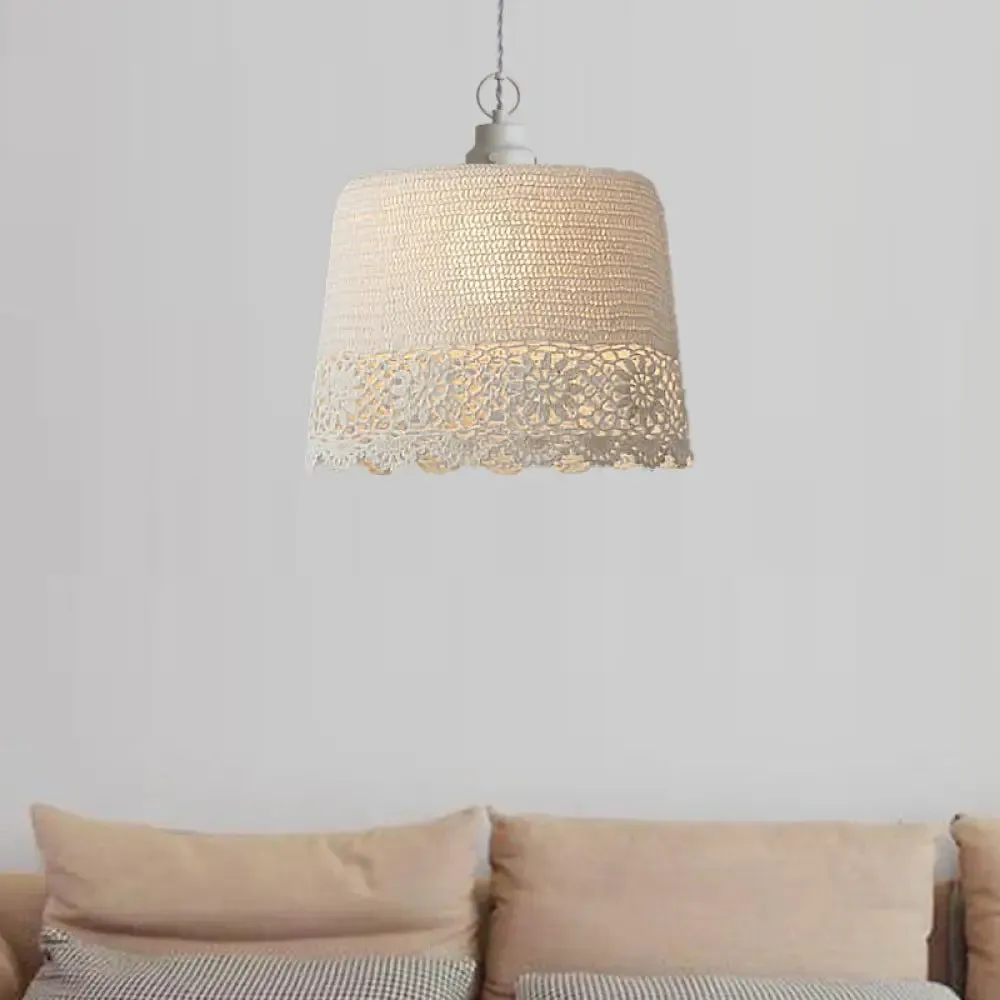 Stylish Beige Fabric Hanging Pendant Light for Adult Bedroom with Modern Drum Design