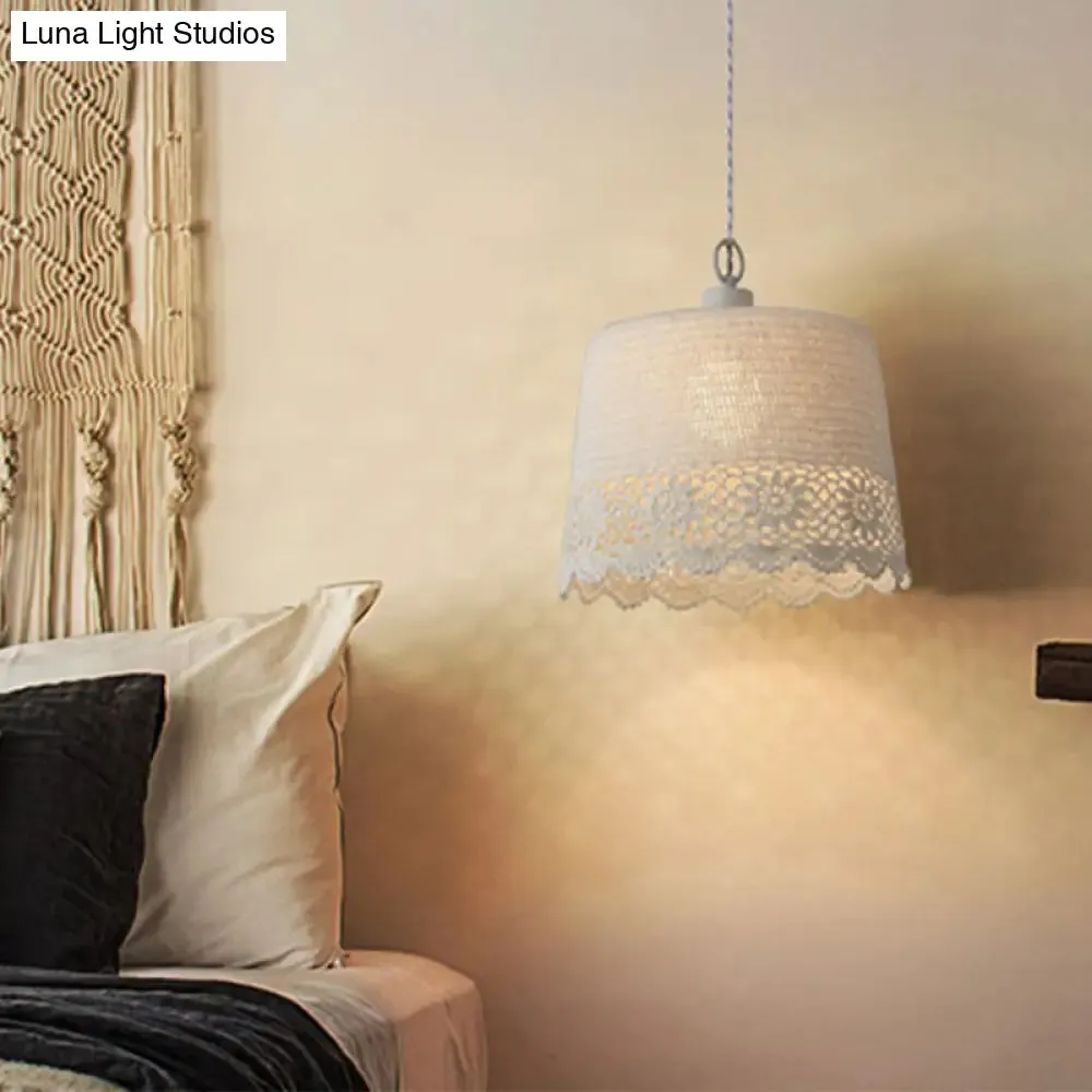 Stylish Beige Fabric Hanging Pendant Light for Adult Bedroom with Modern Drum Design