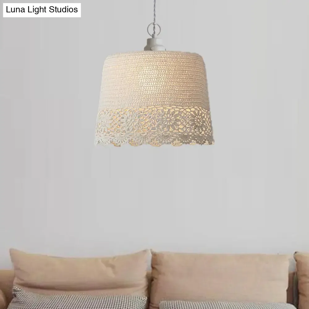 Stylish Beige Fabric Hanging Pendant Light for Adult Bedroom with Modern Drum Design