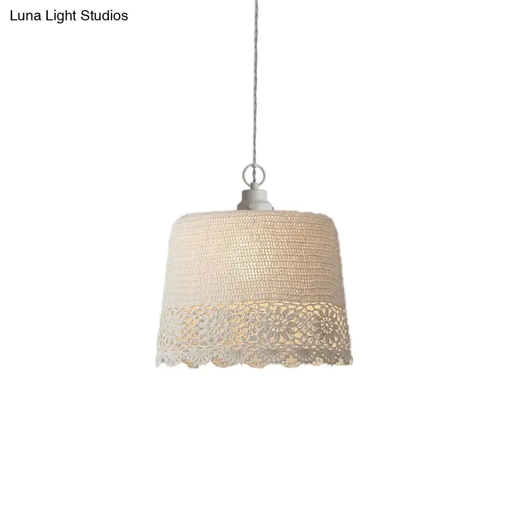 Stylish Beige Fabric Hanging Pendant Light for Adult Bedroom with Modern Drum Design