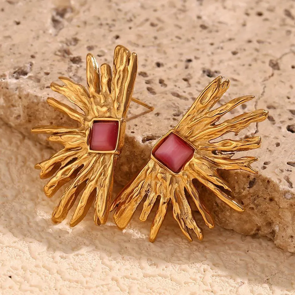 Sunburst Earrings with Red Gem – Statement Jewellery for Women